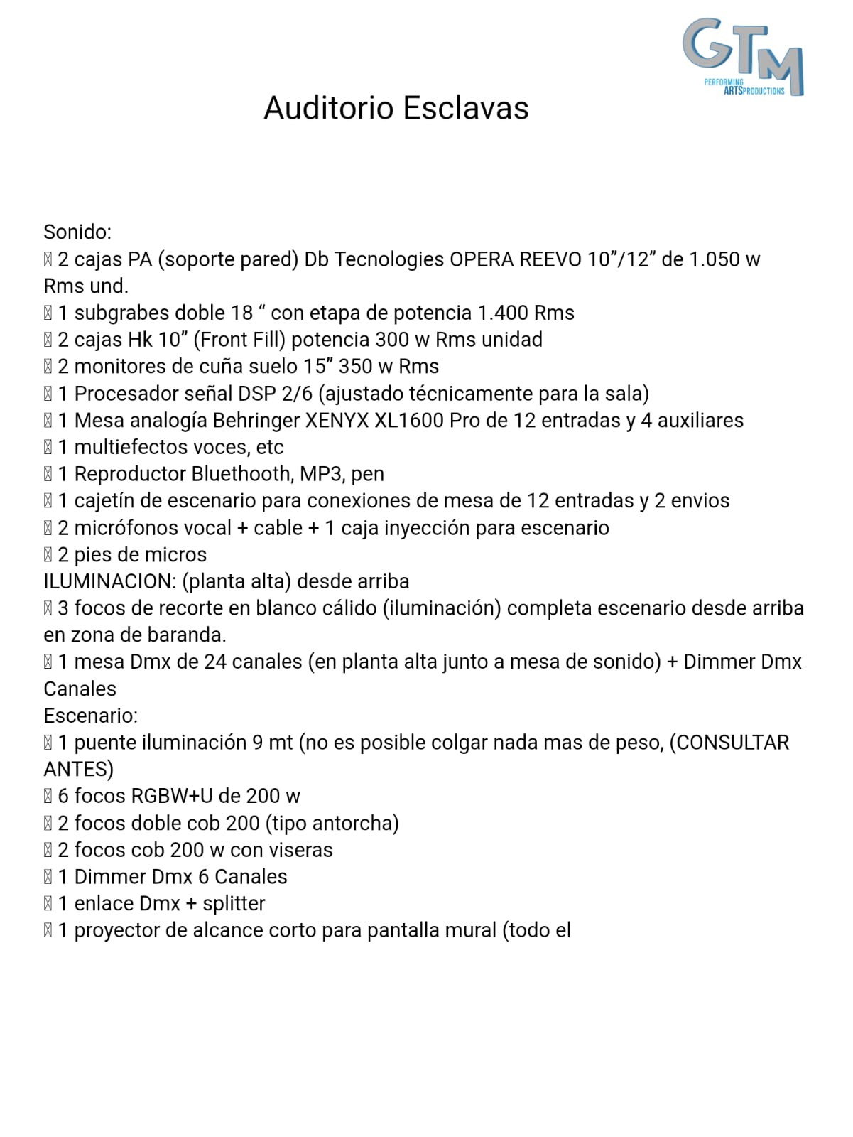 Auditorio Esclavas - Ficha técnica